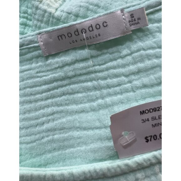 Mododoc Women Top Blouse Small Size 3/4 Sleeves Green 100% Cotton - Picture 5 of 12